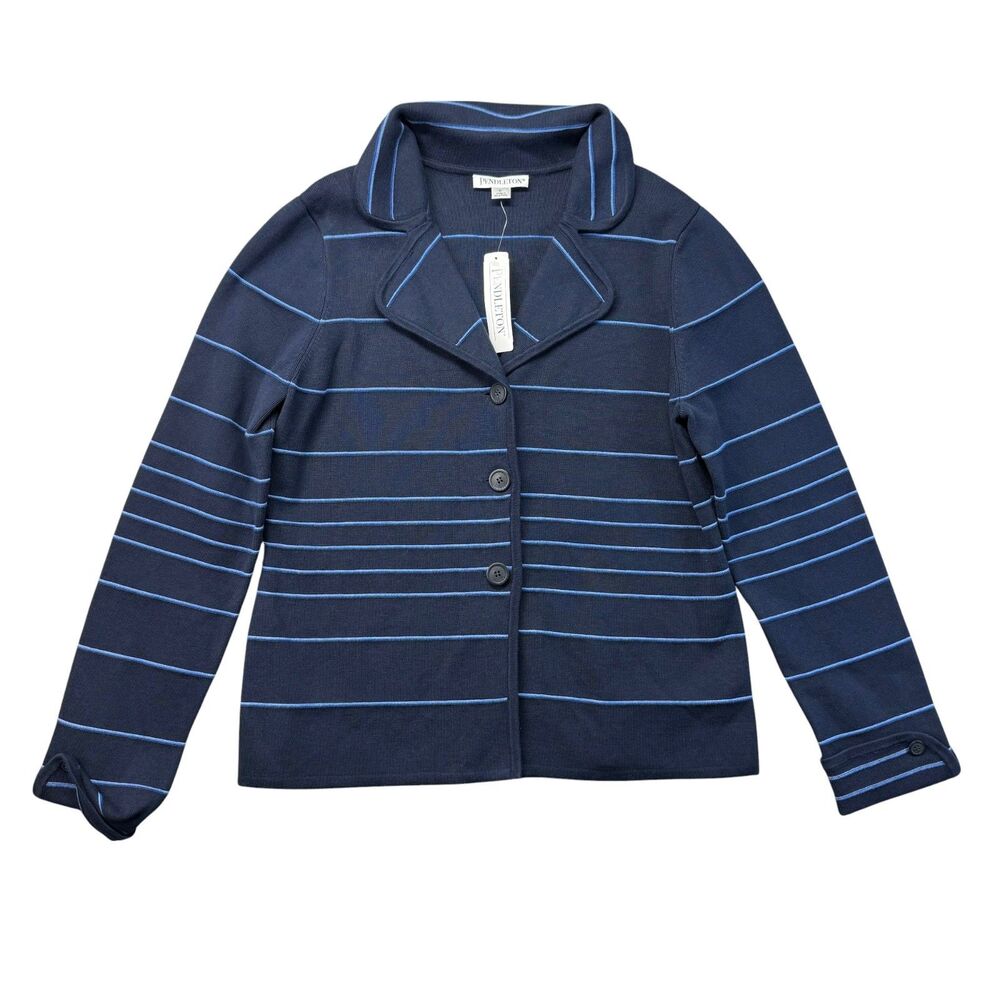 Pendleton Sweater Cardigan Women’s Large Navy Blue White Striped Cuff Blazer NWT